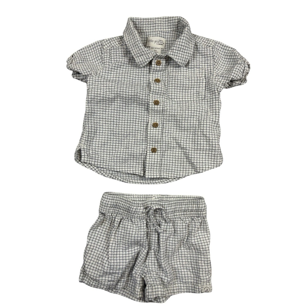 Little Planet By Carter's 2 Piece Muslin Grid Set Shirt Shorts 6M Old Money